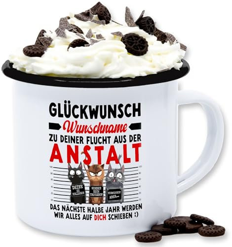Emaille Tasse Blechtasse - Glückwunsch zu deiner Flucht aus der Anstalt Abschiedsgeschenk Kollegen | Abschiedsgeschenke für Kollege Geschenk zur Verabschiedung Kollegin - 300 ml - Weiß Schwarz