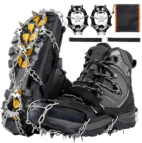 Steigeisen für Bergschuhe, 18 Anti-Rutsch Steigeisen Schuhspikes aus Edelstahl für Wanderschuhe, Spikes zum Walking, Joggen, Klettern und Wandern, XL (Schwarz)