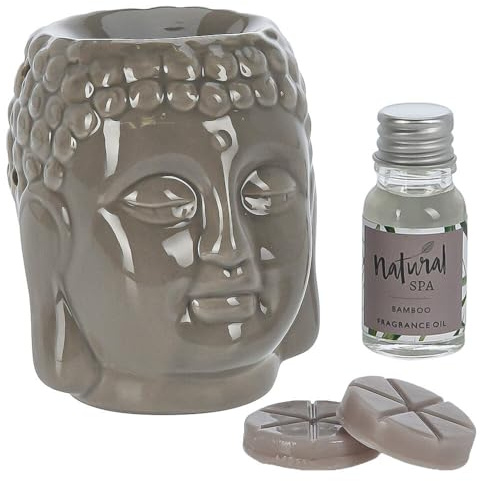 Murago - Buddhakopf Duftlampe Geschenkset Taupe - Aromalampe Braun Grau Keramik für Teelicht Duftöl & Duftwachs Bambusduft Dekofigur Duftlampenset Buddha Figur