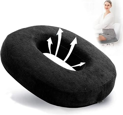 LOMUG Orthopädisches Sitzkissen Schwarz, Groß Hämorrhoiden Sitzkissen Memory Foam Stuhlkissen,Orthopädisches Sitzkissen Rund,Sitzring Steißbein Entlastung Donut Kissen für Rollstuhl,Autositz,Sofa,Büro