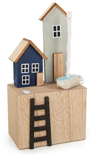 Logbuch-Verlag Strandhaus Dekofigur aus Holz Maritime Deko Ferienhaus Hafenstadt Figur blau braun16 cm