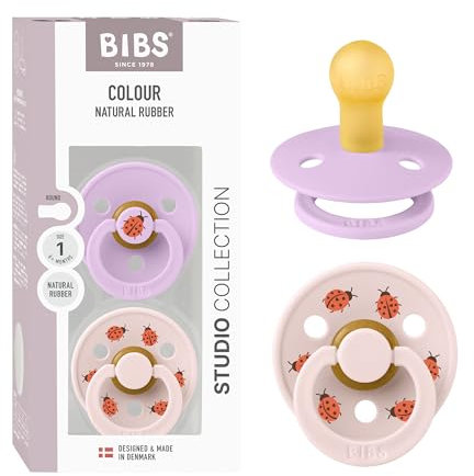 BIBS Colour Studio Schnuller 2er-Pack, BPA-frei, Kirschform Nippel. Naturkautschuk/Latex, Hergestellt in Dänemark, Größe 1 (0-6 Monate), Violet Sky/Petal