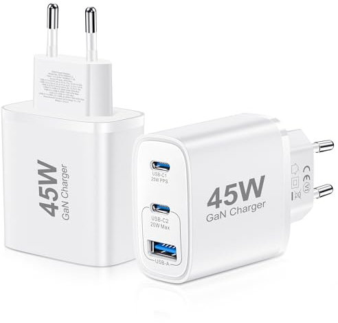 USB C Ladegerät 45W GAN 2er-Pack Netzteil für Samsung Galaxy S25/S24/S23/S22/S21 iPhone 16 15 14 Pro Max 13 12,3 Port Typ C USB Mehrfach PPS Schnellladegerät für Samsung/iPhone/iPad (Weiß)