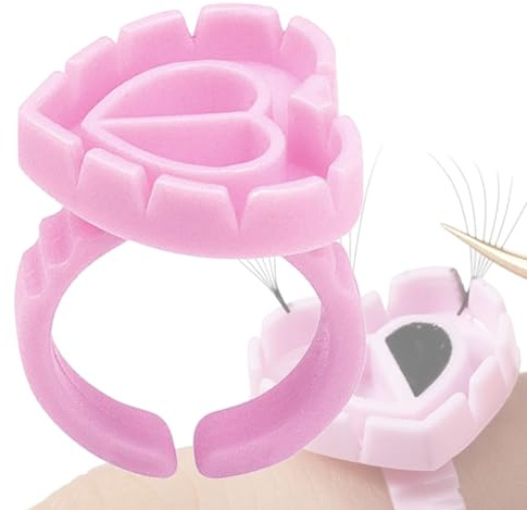 100 Pieces Lash Glue Rings, 2 in 1 Holder Open Ring(Simple Packaging)-(Pink Heart Shape)