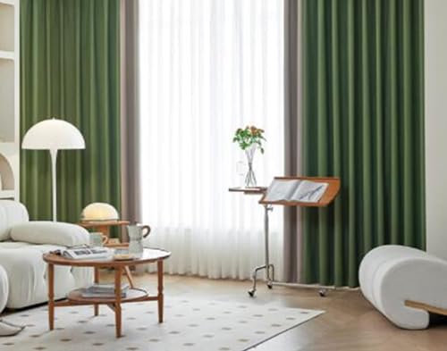 Tolldek Vorhang Fenster Wohnzimmer 2 Stück, Ösen Vorhänge für Zimmer Patchwork Zweifarbig, Chenille Hellbraun Grün Ösenschal, B 86 x H 160cm