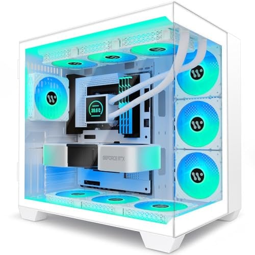 ANSAITE ATX PC Case 9×120 mm ARGB PWM Fans Pre-installed ,Mid-Tower Gaming PC Case, Panoramic Tempered Glass Computer Case with Type-C,360mm Radiator Support ,white,W9