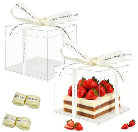 2 Stück Transparente Tortenbox 26x26x24cm,8 Zoll,Wiederverwendbar,mit Band | Stabiler Sockel sichert den Kuchen, elegantes Design, zum Transportieren und Verschenken von Torten & Desserts