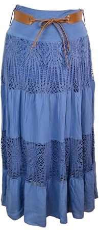 Kiran Fashion New Italian Boho Long Maxi Summer Belted Skirt Lace Gypsy Beach Holiday