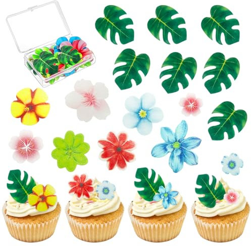 83 Stück Esspapier Tortendeko, 35 Essbare Blumen für Torte, 48 Essbare Blumen für Torte, Geburtstag Tortendeko, Hawaiianischer Dschungel Geburtstagsparty Dekorationen für Cupcakes, Geburtstagstorten