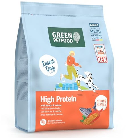Green Petfood InsectDog High Protein | 900 g | Hundefutter trocken | Adult | Insekten & Lachs mit Linsen | Premium Trockenfutter für erwachsene aktive Hunde | kleine Kroketten | getreidefrei