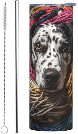 WZYWHJ Stainless Steel Mug 20oz - Quality Eco-Friendly Cup with Sealable Lid and Insulation Effect Straw Two-piece Set Dalmatian playing with ball of yarn Printing