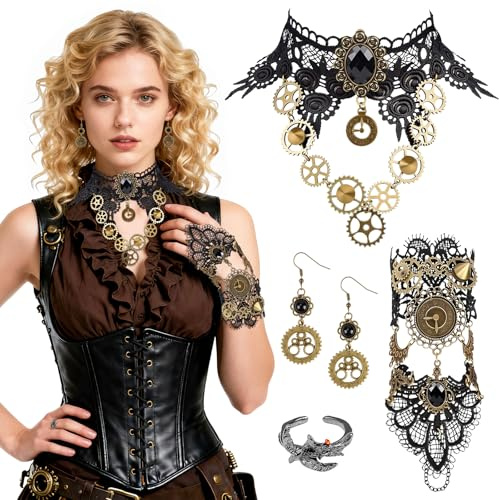Jokureao 4Stück Steampunk Accessoires Steampunk Kostüm Damen, Steampunk Accessoires Mit Gotisch Choker Halskette Armbänder Steampunk Ohrringe für Halloween Karneval