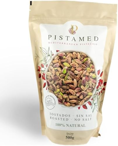 PISTAMED - Pistachos Pelados Tostados Artesanalmente sin Sal - Alto Contenido en Fibra - Apto Veganos y Sin Gluten - Bolsa 500 g con Cierre Zip - Origen España - Para Repostería y Hostelería