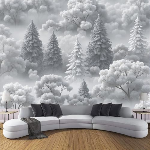 Seide Tapeten Nebelwald, Fototapete Retro-Landschaft, 3D Effekt Wand Dekoration Für Wohnzimmer Schlafzimmer Korridor 250x175cm, Grau
