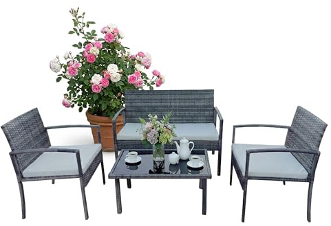 Relaxdays Gartenmöbel Set, 4-TLG. Rattan Sitzgruppe, 4 Personen, Bank, Stühle & Glastisch, Loungemöbel, Outdoor, grau