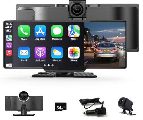 11 Zoll Wireless Carplay Display Für A-ppIe CarPlay und Android Auto | 4K Dashcam 1080P Rückfahrkamera,Android Display IPS Touchscreen mit AUX/FM,64G TF,Split Screen,Mirror Link,Bluetooth