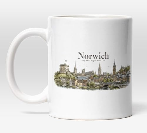 Millhouse Prints Norwich Souvenir Mug, Vintage Sketch Art, Norfolk Cathedral City Gift, 11oz White Ceramic Coffee Cup