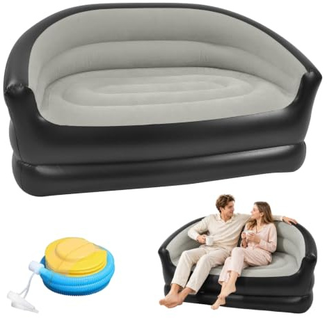 CEWROM 2-Sitzer Aufblasbares Sofa, Luftsofa mit Beflockter Oberfläche & Armlehnen, aufblasbare Couch, Tragbares aufblasbares Sofa, Outdoor Sofa für Pop-Up, Wohnzimmer, Camping & Gaming (Grau)