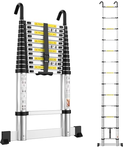 Telescopic Ladder 3.8M Aluminium Loft Ladder, Ladders Extendable with Hooks | Portable Extension Ladders with Stabilizer Bar for Roof Loft Caravans