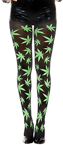 Music Legs Women's Marijuana Leaf Print Opaque Pantyhose, Black/Green, One Size