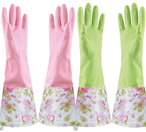 KINGFINGER Gants de nettoyage en latex de caoutchouc, 2 paires de gants de vaisselle, gants de ménage longs et doublure floquée, taille M