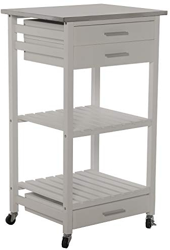 DRW Küchenwagen mit 3 Schubladen und Ablage aus Holz: Kiefer und MDF mit Deckel aus Edelstahl in Weiß 50 x 40 x 86 cm