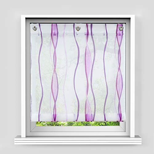 HongYa Raffrollo mit Wellen Druck Transparenter Voile Raffgardine Vorhang mit Hakenösen H/B 140/80 cm Weiß Beere