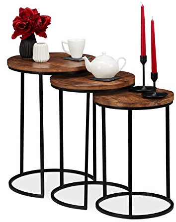 Relaxdays Satztisch 3er Set, runde Beistelltische, Mangoholz, Industrie Design, schwarzes Metallgestell, 3 Größen, natur