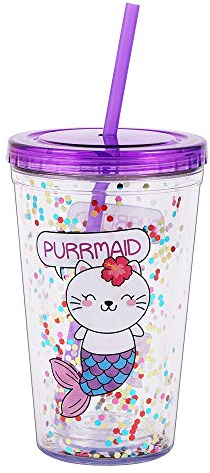 Bonito vaso con tapa y pajita, vaso acrílico aislado de doble pared para niñas, mujeres y niños, 550 ml (gato sirena)