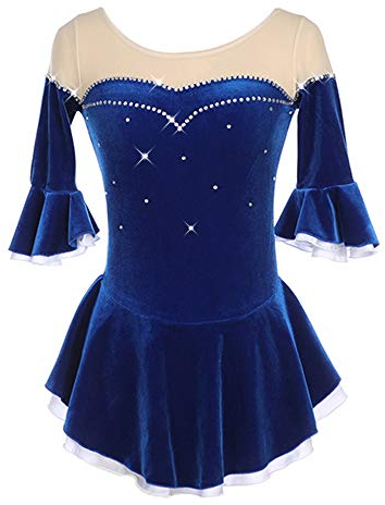 LIUHUO Eiskunstlaufkleid für Mädchen, blauer Samt, für Damen, Eislaufkleid, Wettkampf-Performance, lange Ärmel, Blau, M