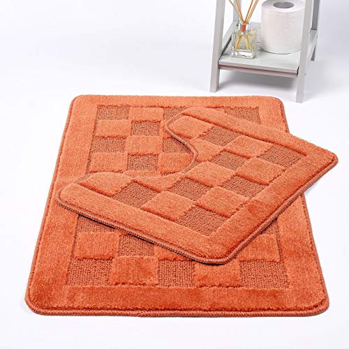 HOMES-LINEN Squares 2 Piece Bath Mat & Pedestal Set Non Slip Extra Absorbent Square Bathroom Toilet Rug Bath Mats Set (Terracotta)