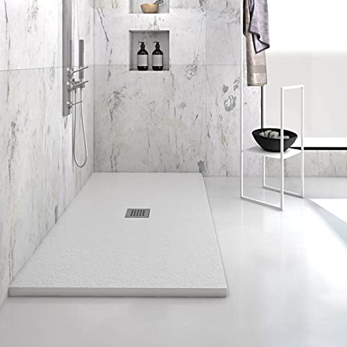 Yellowshop - Piatto doccia rettangolare in marmoresina h 2,5 cm HEAVY Bianco con sifone, piletta e copripiletta inox (cm 70x190)