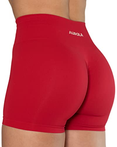 AUROLA Dream Collection Short d'entraînement pour Femme Taille Haute sans Coutures Scrunch Athlétique Course Gym Yoga Short Actif, Rouge Chinois., M