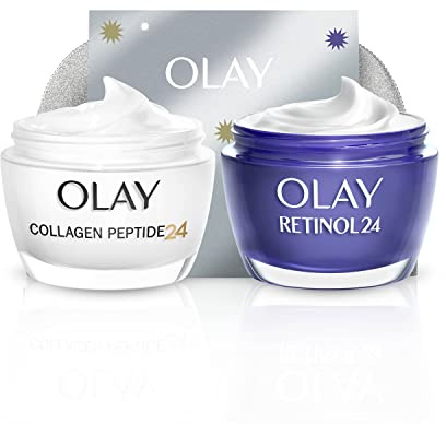 Olay Moisturiser Gift Bag, Womens Skin Care Gift Sets & Kits, Retinol 24 Night Cream 50ml & Collagen Peptide 24 Face Cream 50ml for Smooth & Glowing Skin, Free Make Up Bag & Gua Sha