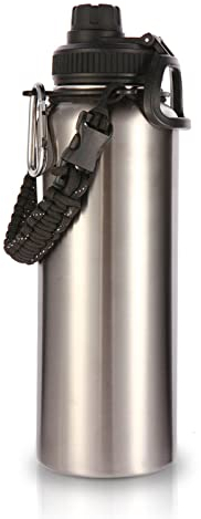 Volhoply 1200ml Insulated Water Bottles Paracord Handle, Stainless Steel Bottle with Spout Lid, Double Walled Metal Travel Water Cups with Wide Mouth, Reusable Water jug for Adults (Silver,1 Set)