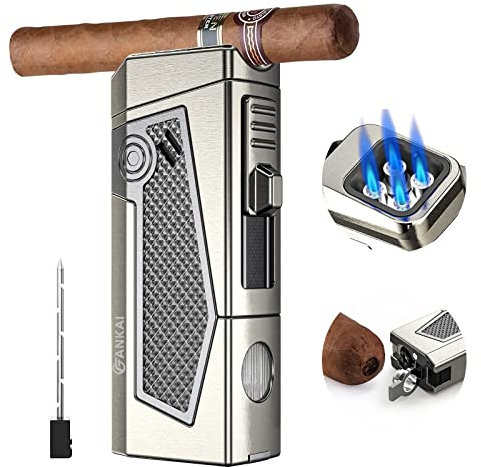 FANKAI Accendisigari con 4 Torce Jet Flame, Perforatore di Sigari, Portasigari, Potenziatore per Sigari, Accendino Torcia Ricaricabile, Multifunzionali Accendini Antivento per Fumare (Grigio)