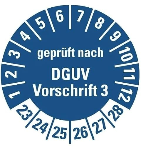 100 Stück – Mehrjahresprüfplakette „geprüft nach DGUV Vorschrift 3 | 23-28“ Etikett Folie Aufkleber, blau | Ø15-40mm Made in Germany, Größe: Ø20 mm