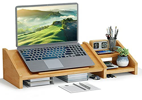 Ufine Bamboo Laptop Stand for Desk 3 Heights Adjustable Notebook Stand Computer Monitor Riser with 2 Tier Storage Shelf, Desktop Organizer Printer Stand for Home Office