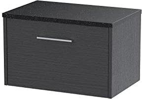 Hudson Reed JNU2222LSB Juno Modern Bathroom Wall Hung Single Drawer Vanity with Black Sparkle Laminate Worktop, 600mm, Woodgrain Graphite Grey