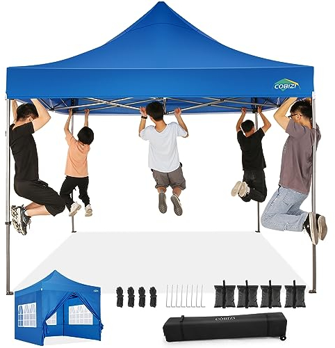 COBIZI Tonnelle Pliable 3 x 3 cm étanche et Stable pour l'hiver - Tente de fête Pliable d'extérieur avec 4 Panneaux latéraux et 4 Sacs de Sable et Sac de Roue - Bleu