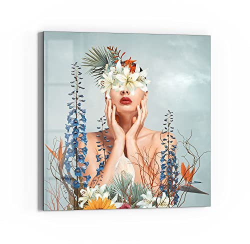 DEQORI Glasbild Echtglas | Motiv Nackte Frau mit Blumen | quadratisch einteilig 30x30 cm | schöne Dekoration | Wandbild für Wohnzimmer, Schlafzimmer, Flur & Küche | moderne Wanddeko