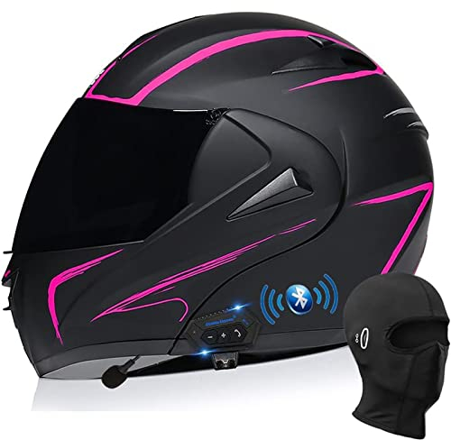 Bluetooth Modular Motorrad Helm, DOT/ECE Genehmigt Flip Up Full Face Integrated Helm, Doppel Visor Helm Built-In Dual Lautsprecher Mit Mikrofon Für Erwachsene Männer Und Frauen,Pink b,S