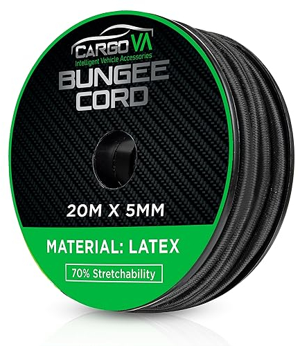 CargoVA - Cuerda elástica 5mm 20m Negra - Cuerda expansora 70% Elasticidad - Cuerda Resistente a la Intemperie para remolques, toldos, Lonas y más