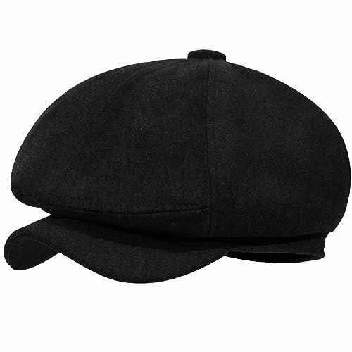 Peaky Stil Schirmmütze Herren, 30% wool Schiebermütze Schwarz Driving Cabbie Jagd Flatcap Newsboy Cap Tellermütze Fischgräten Tweed Retro Schlägermütze Gatsby Baker Boy Schirmmutzen Warm Komfortabel