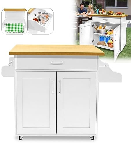 ACXIN Carro de Cocina Con Ruedas, Armario Con Cajones y Puerta, Isla Con Encimera, Carrito de Servicio Para Comedor, 115 x 36 x 90