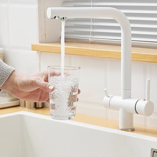 Miscelatore Cucina 3 Vie Girevole Doppia Maniglia Acqua Depurata Fredda e Calda Ottone Rubinetto da Cucina 3 Vie-Bianco