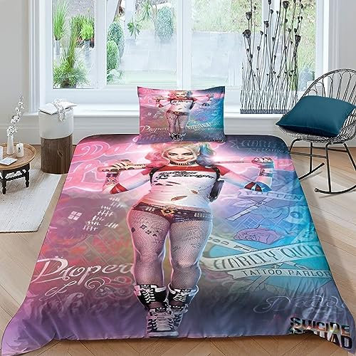GIOSBR Harley Quinn Für Kinder Mädchen Jungen Bettbezug Set Bettwäschegarnitur 3D Gedruckter Bettwäsche Weich Microfaser Und Kissenbezüge Reissverschluss 2 Teilig Single(135x200cm)