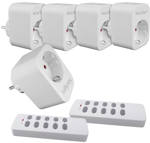 Klarlight Enchufes Inalámbricos con Mando a Distancia, Interruptor Inteligente Alcance 30M, Incluye 5 Tomas de Corriente y 2 Controles Remotos Para, Programable y Escalable, Blanco