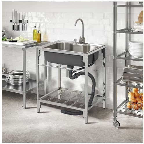 MiaJJooLi Fregadero de cocina comercial independiente al aire libre de acero inoxidable 304 lavabo de mano con grifo para lavandería garaje 68 cm
