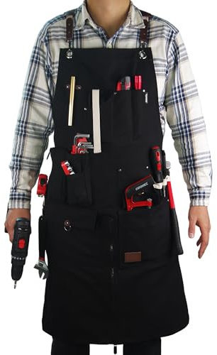 Stenffy Work Apron, Canvas, Adjustable Weight, Tool Aprons with Multiple Pockets, Adjustable Zipper, Metal Ring, Tape Measure Clip for Men Women 27In*36In (Black)